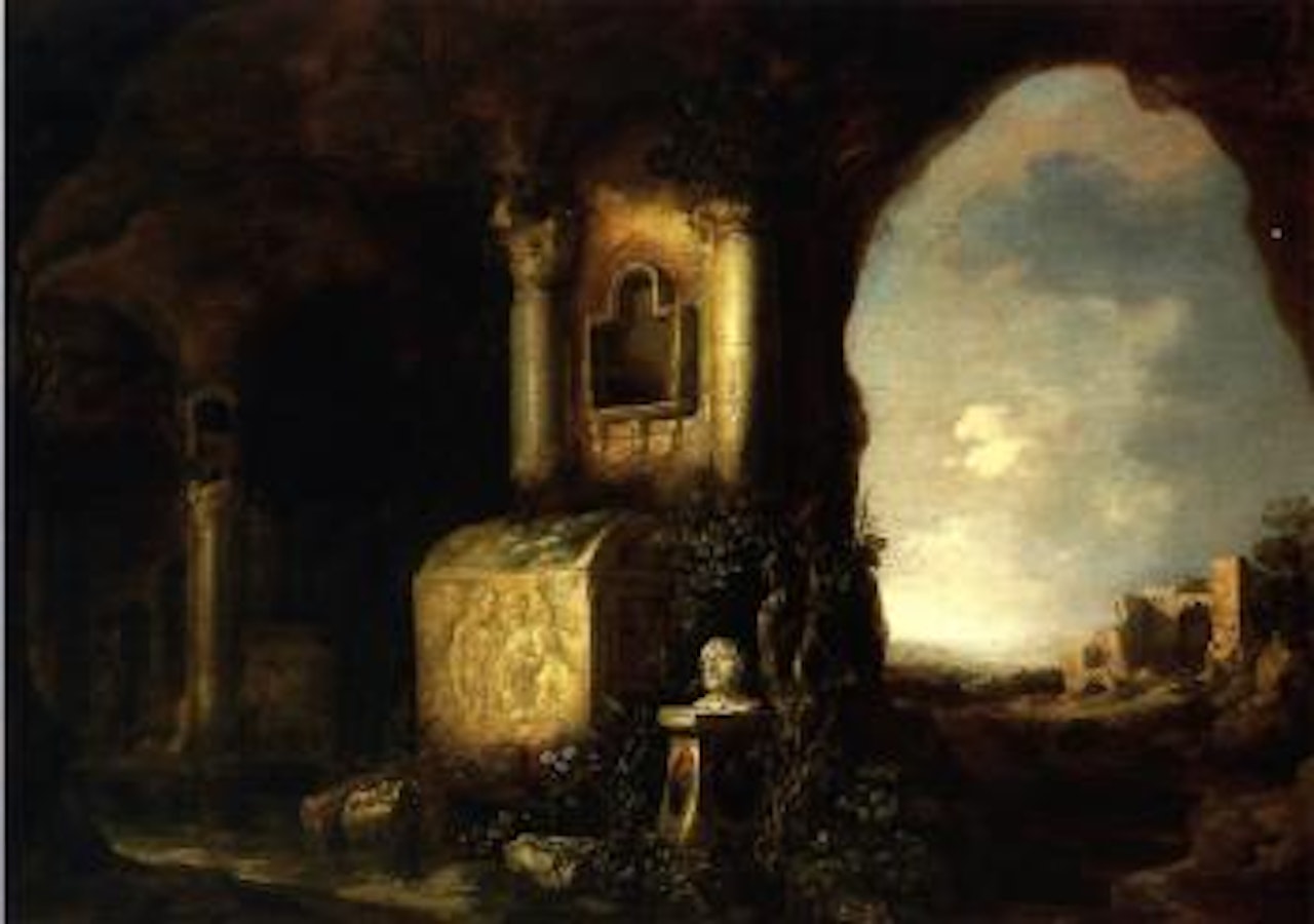 A rock cave with an antique sarcophagus decorated in relief with the scene of a sacrifice and flanked by a stone bust of Seneca, with a view of a southern landscape with ruins by Jan Both