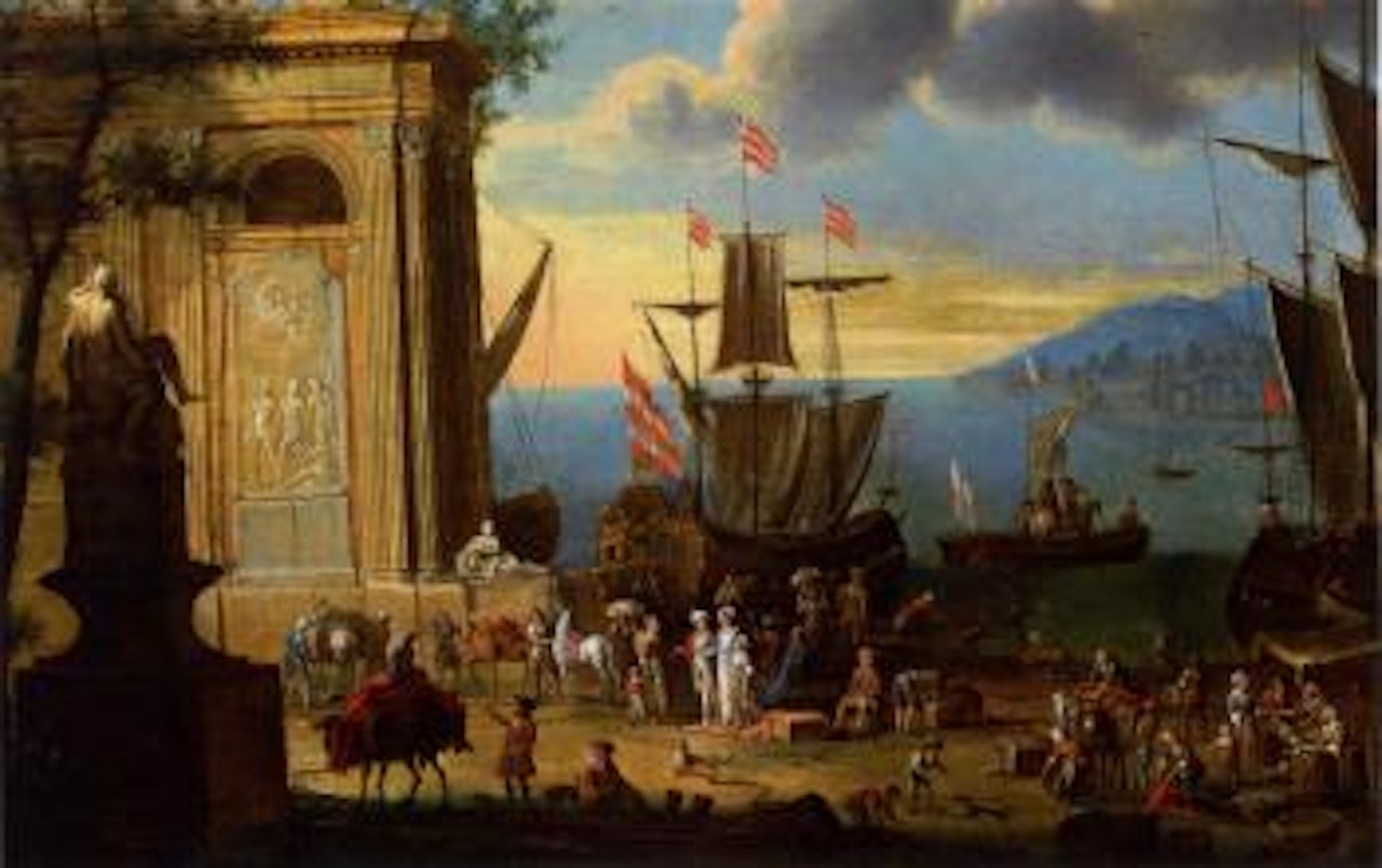 A southern port with ships, elegant figures, mule drivers, fishmongers and horses at the foot of a palace and a stone monument by Flemish School