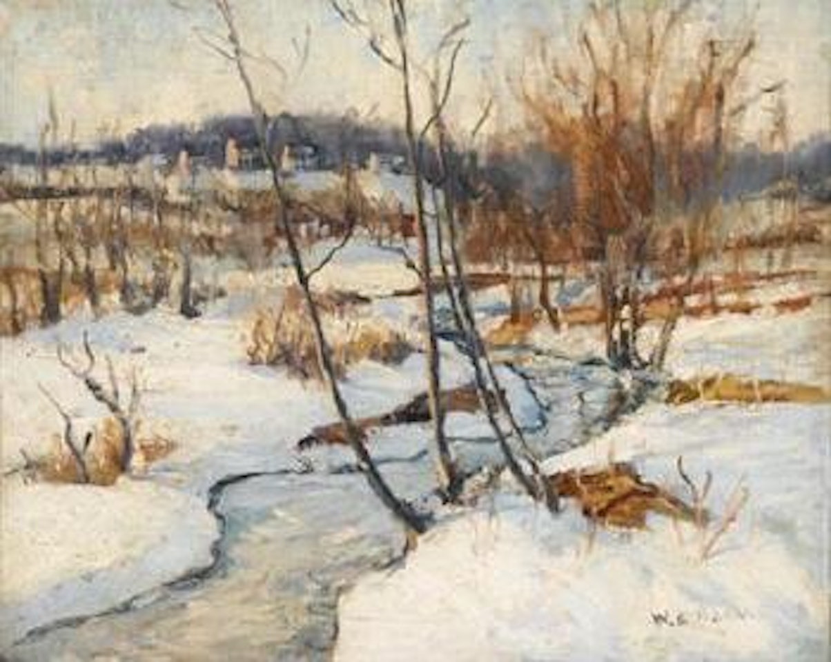 A river in winter, houses in the distance by Walter Emerson Baum