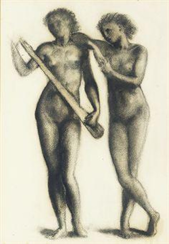 Two nude female figures, one holding a musical instrument by Edward Coley Burne-Jones