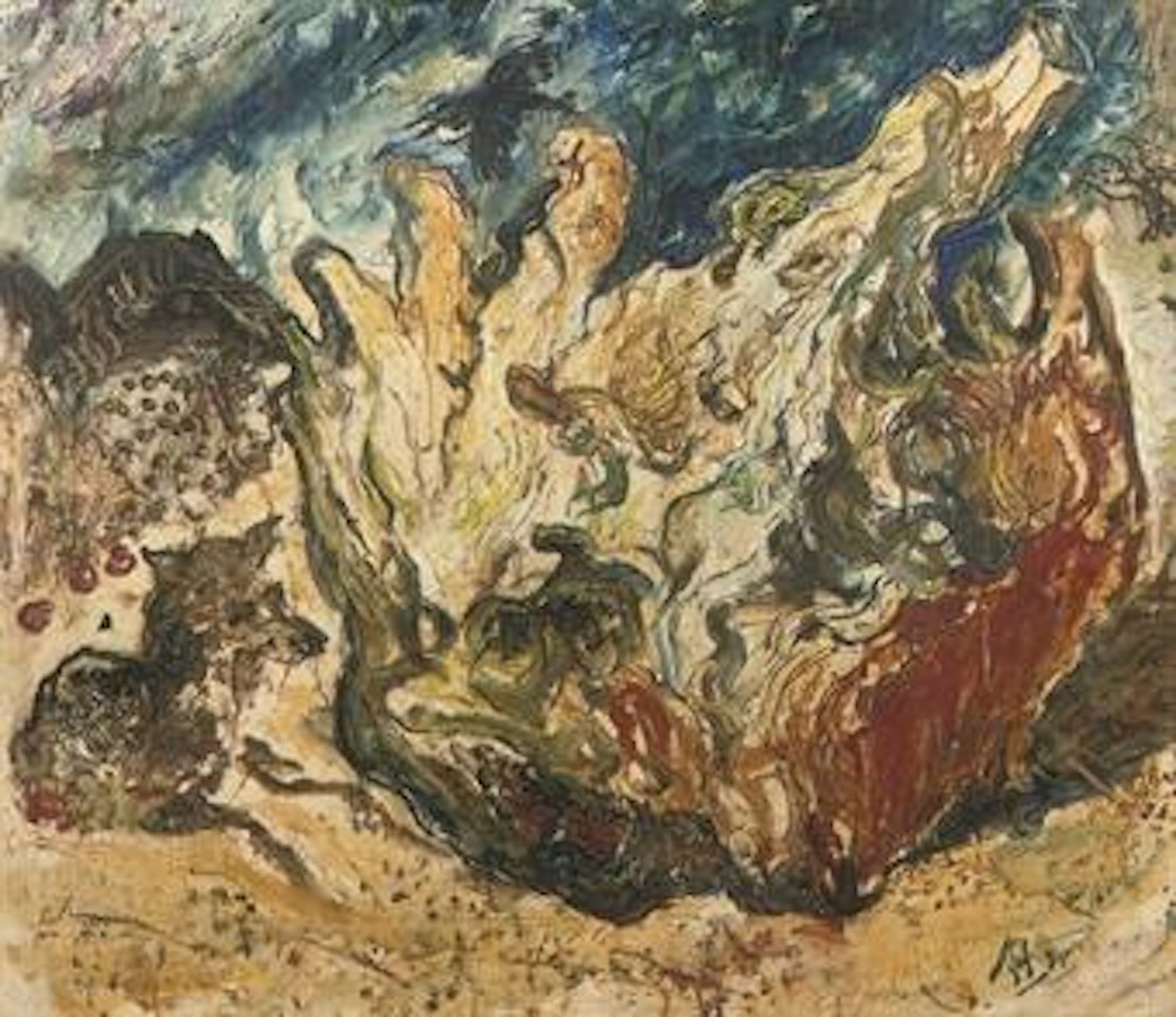 Landscape with a house, a dog and a crow by Affandi