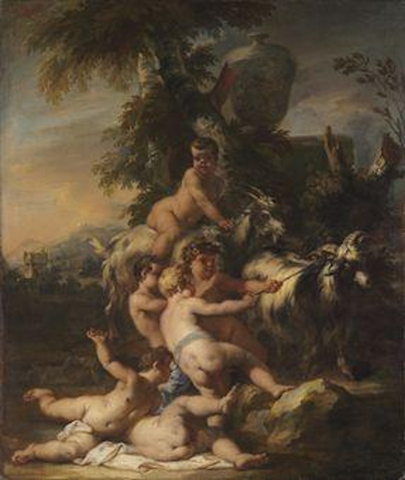 Putti frolicking with a goat in a landscape by Venetian School