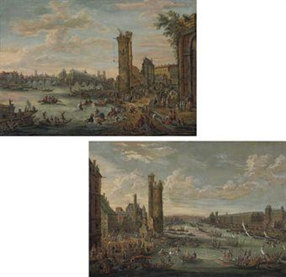 A view of the Pont de l'Isle de la Cité and the Tour des Nesle from the left bank, Paris; and A view of the Tour des Nesle and the left bank from the Pont de l'Isle de la Cité, Paris by Pieter Bout