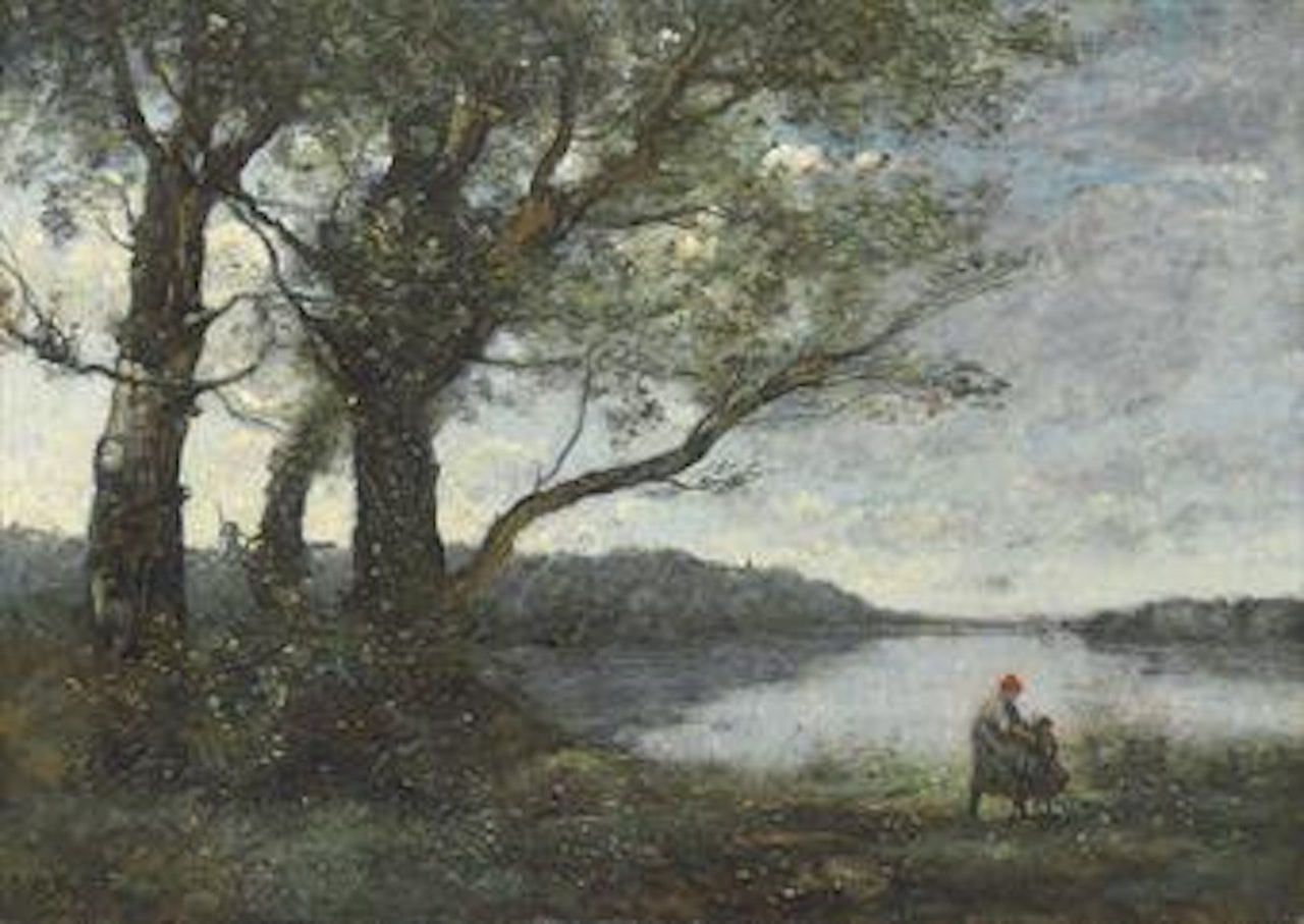 Les trois arbres en vue du lac by Jean Baptiste Camille Corot