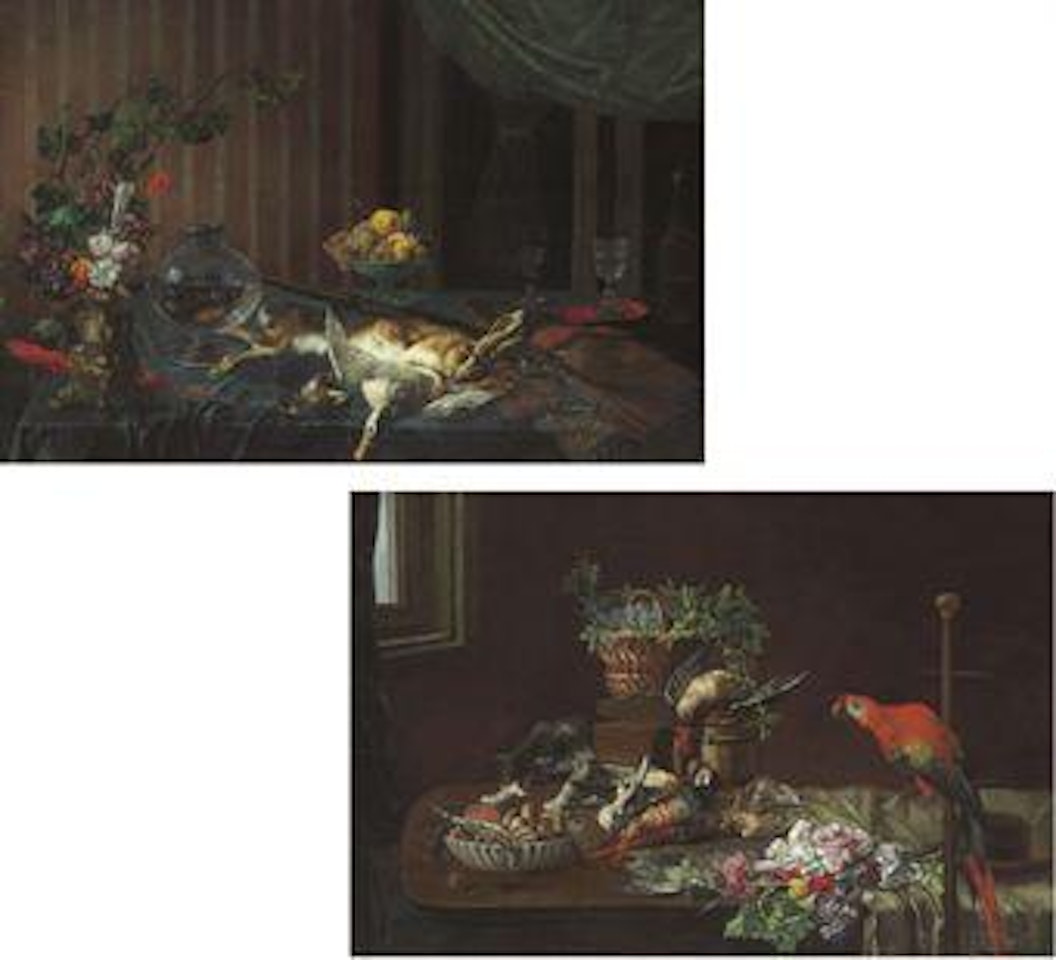 Still life with game, fish in a bowl and flowers on a table; and Still life with a cat, a parrot, and game birds on a table by French School