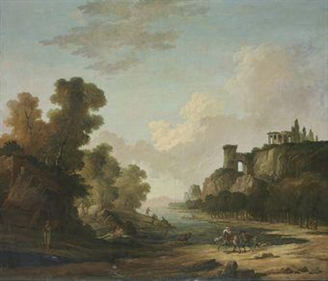Figures on the banks of a lake with classical ruins by Hubert Robert