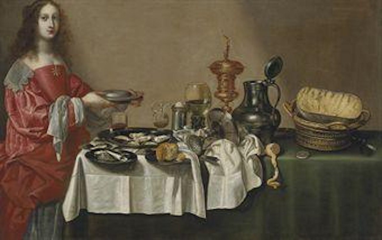 A lady by a table laid with a Roemer of white wine, an upturned silver 'tazza', a silver-gilt covered cup, pewter tankard and chargers with oysters, a lemon and cheese in a basket by Willem Claesz Heda