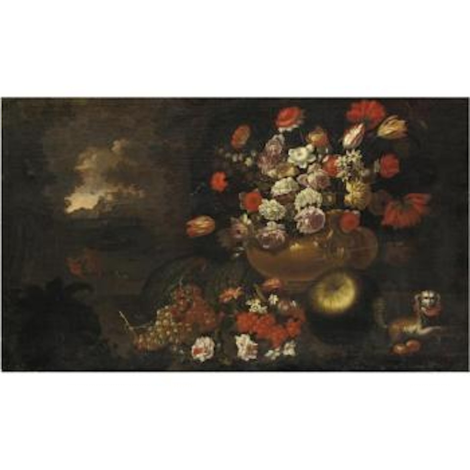 Natura Morta Con Mazzo Di Fiori, Frutta e Un Cane Con Paesaggio Sullo Sfondo by Neapolitan School