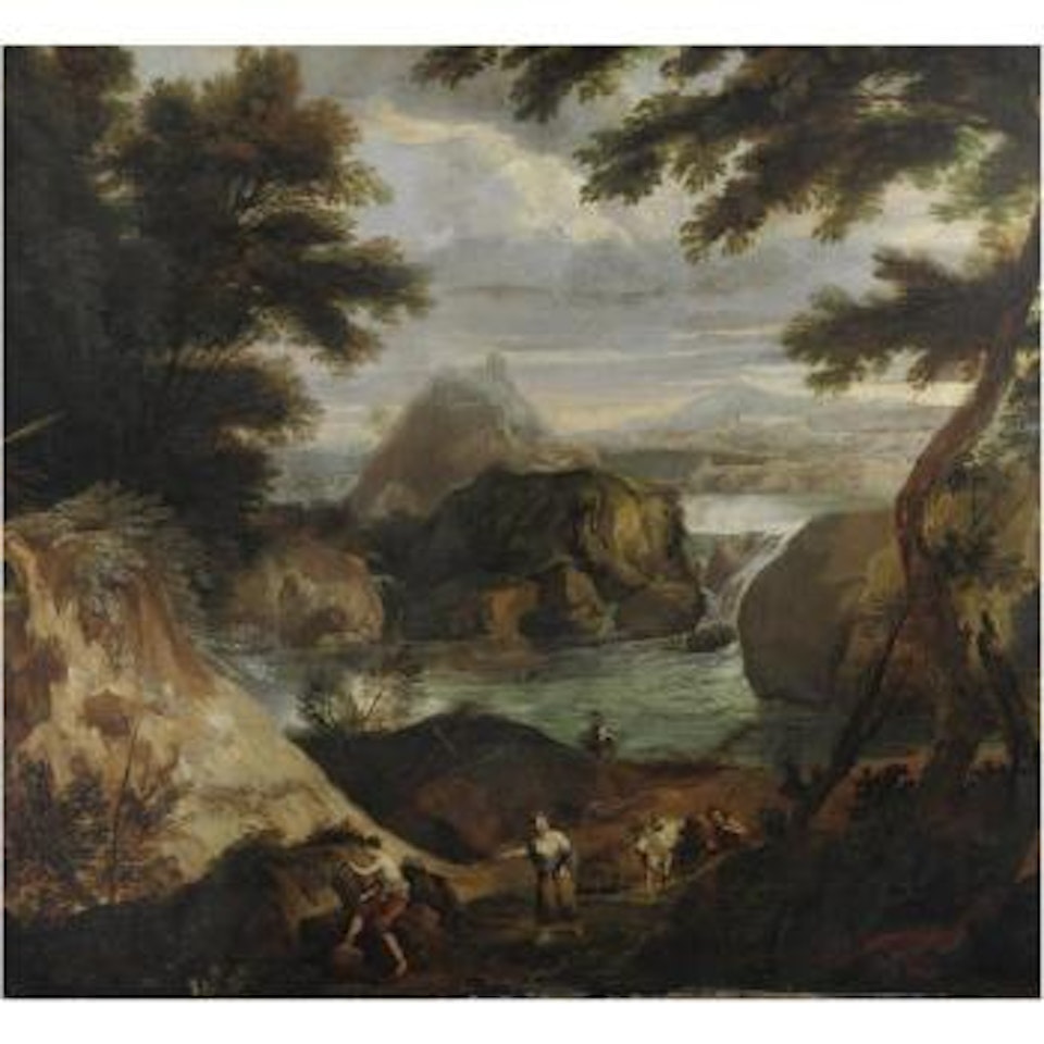 Paesaggio Fluviale Con Figure, Cascate In Secondo Piano by Venetian School