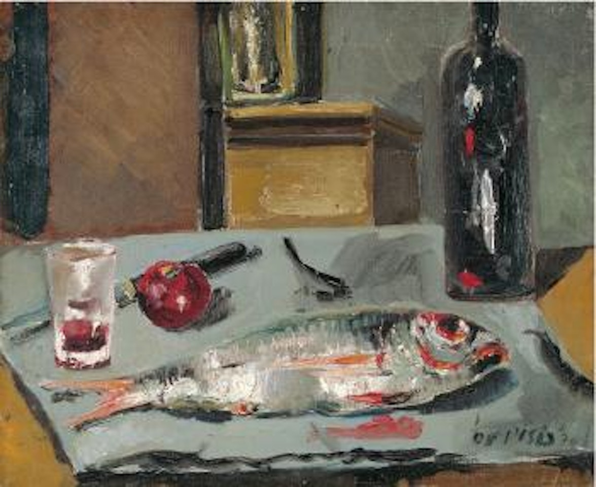 Pesce con bottiglia, bichiere e mela by Filippo de Pisis