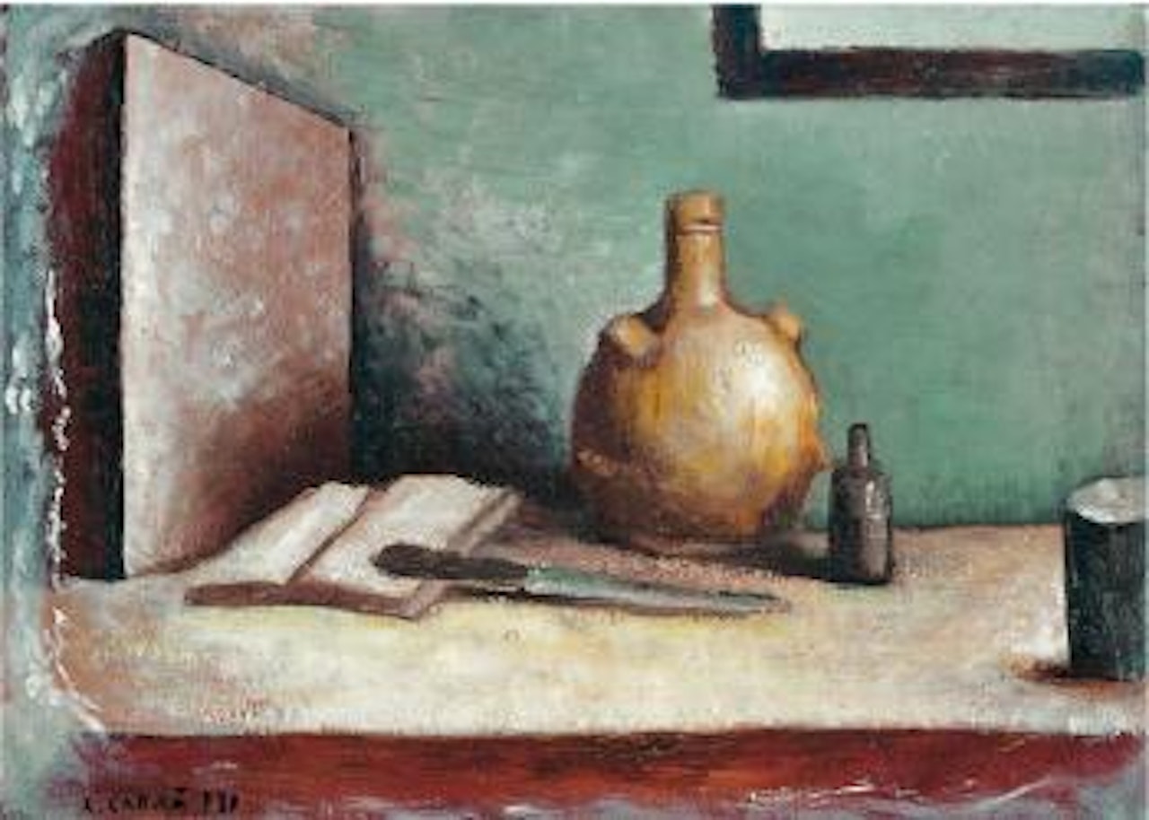 Nature morta con orcio e libro by Carlo Carra