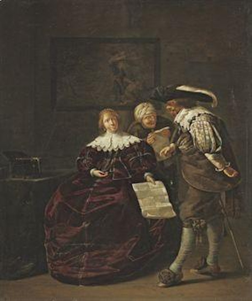 The contract: A lady presenting a letter to a gentleman, and an old lady studying another, in an interior by Jacob Duck
