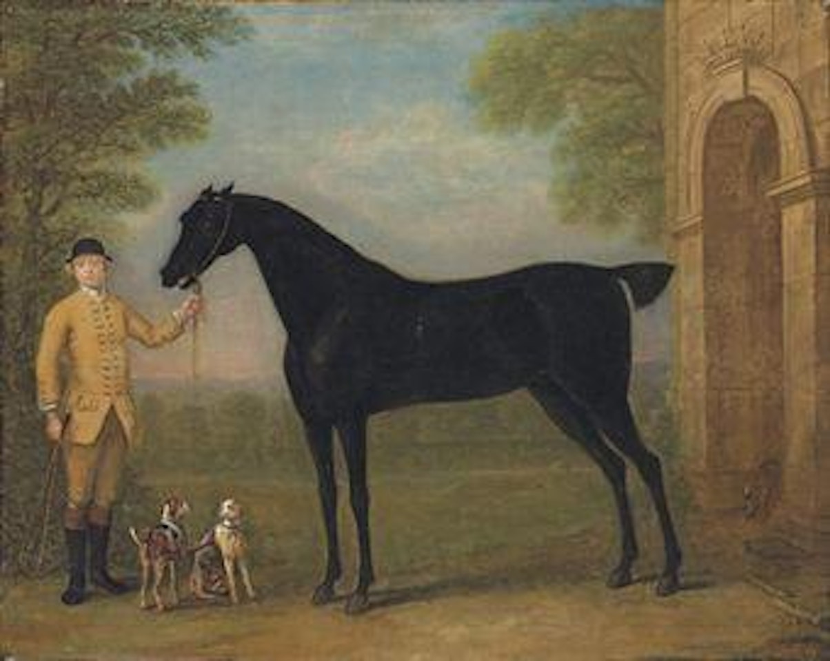 A dark bay racehorse held by a jockey, with a couple of hounds, by an archway, in a landscape by John Wootton