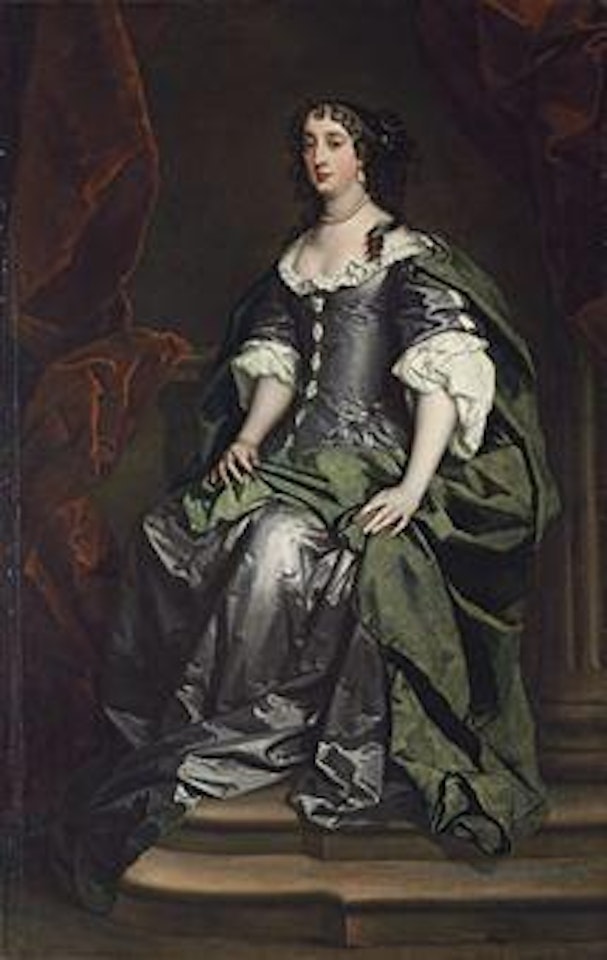 Portrait of Barbara Villiers, Countess of Castlemaine, 1st Duchess of Cleveland (1640-1709), full-length, in a silver silk dress and green mantle by Sir Peter Lely