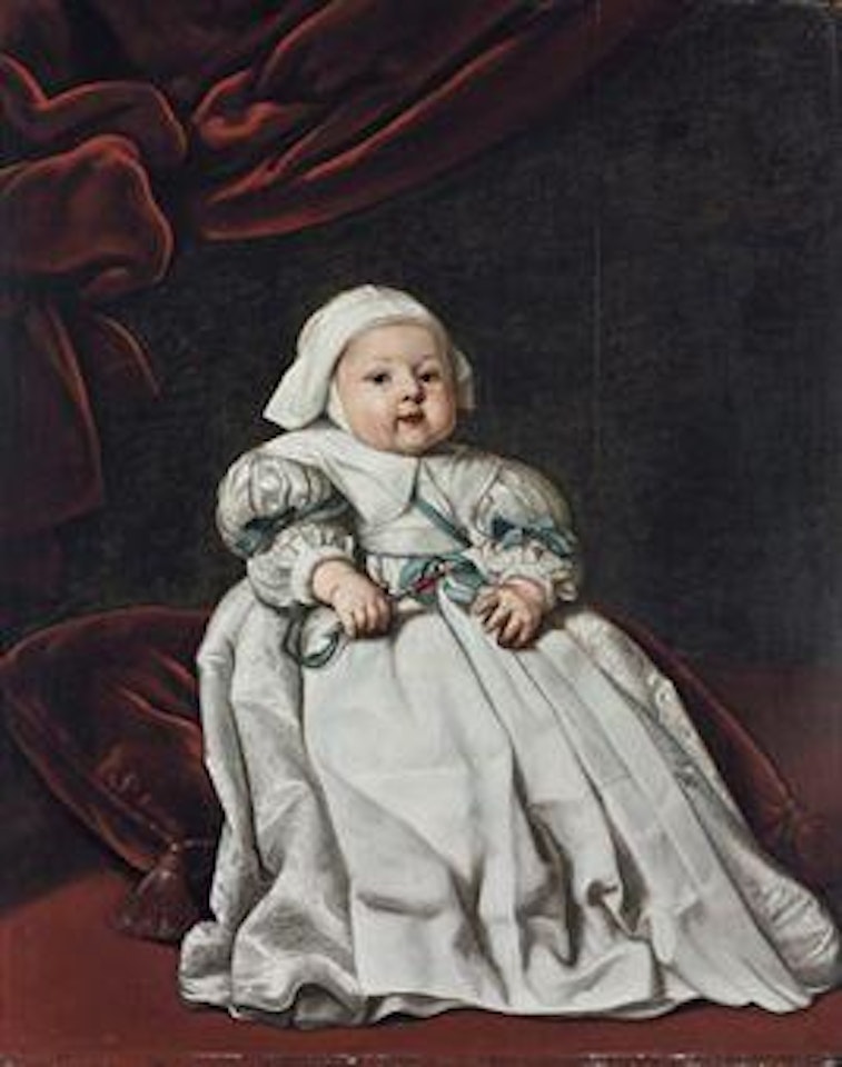 Portrait of a child, full-length, in a white gown and bonnet, holding a jewelled rattle, seated on a red cushion by Jacob van Loo