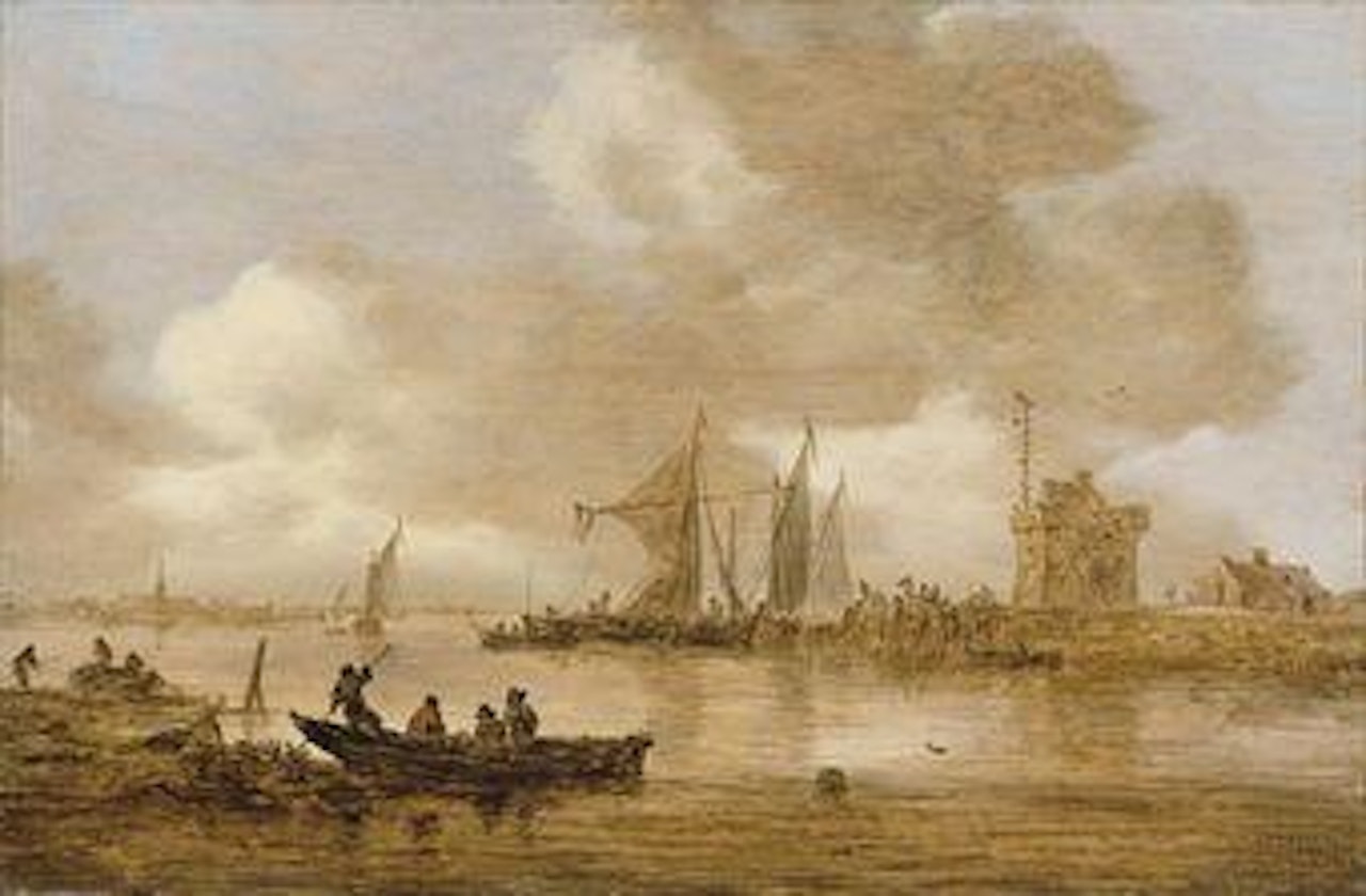 A river estuary with Dutch shipping and a lighthouse by Jan van Goyen