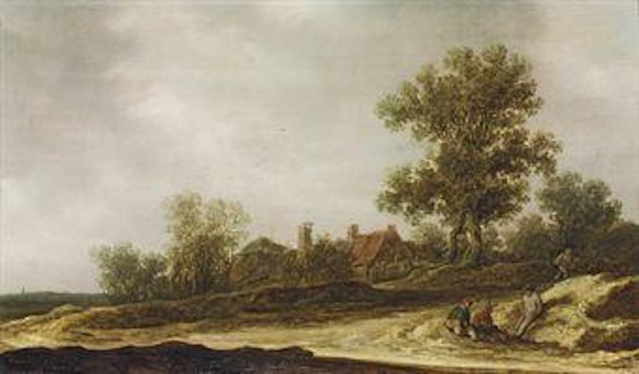 A landscape with travellers resting on a sandy path near a cottage, a church in the distance by Jan van Goyen