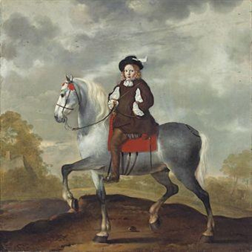 An equestrian portrait of a boy, in brown, on a grey horse by a cottage in a wooded landscape by Dutch School