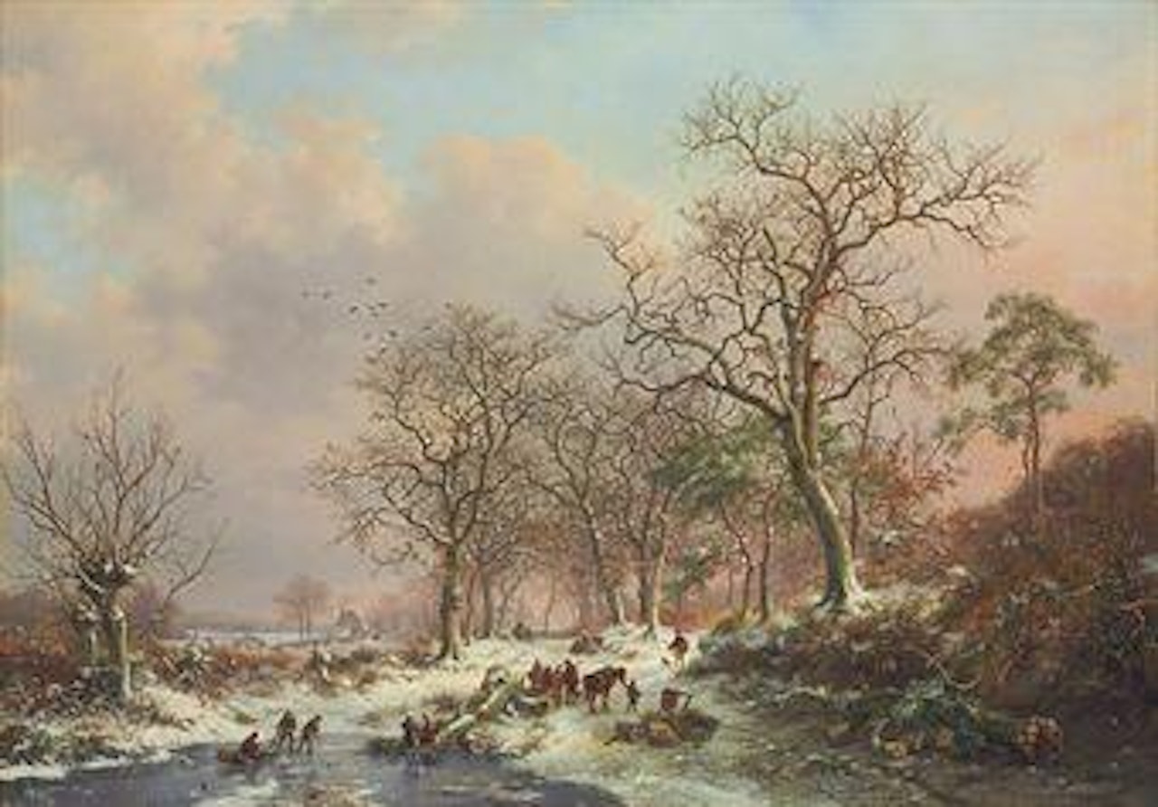 Wood gatherers in a winter landscape, with a castle beyond by Fredrik Marinus Kruseman