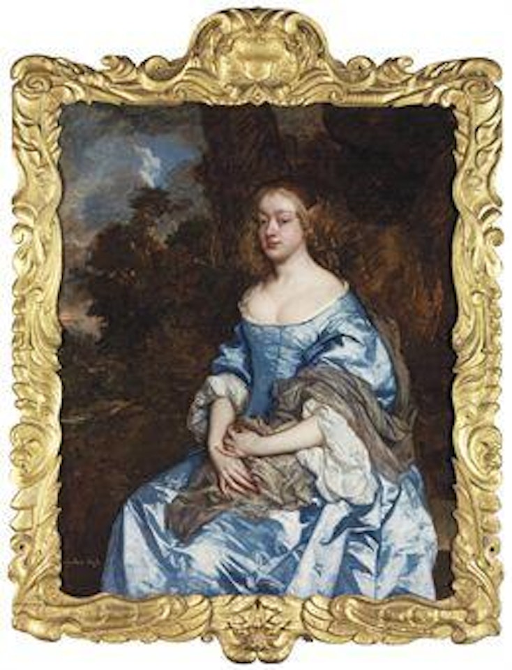 Portrait of a Lady, thought to be Lady Ann Grey or her sister Lady Mary Grey, three-quarter-length, in a blue dress with a grey shawl, a park landscape beyond by Sir Peter Lely