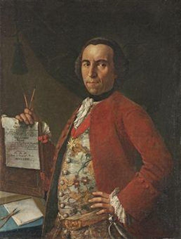 Portrait of the architect Pietro Carlo Borboni (1720-1773), half-length, in a red velvet jacket and embroidered waistcoat, wearing the Cross of the Sovereign Military Order of Malta, by a green curtain by Neapolitan School