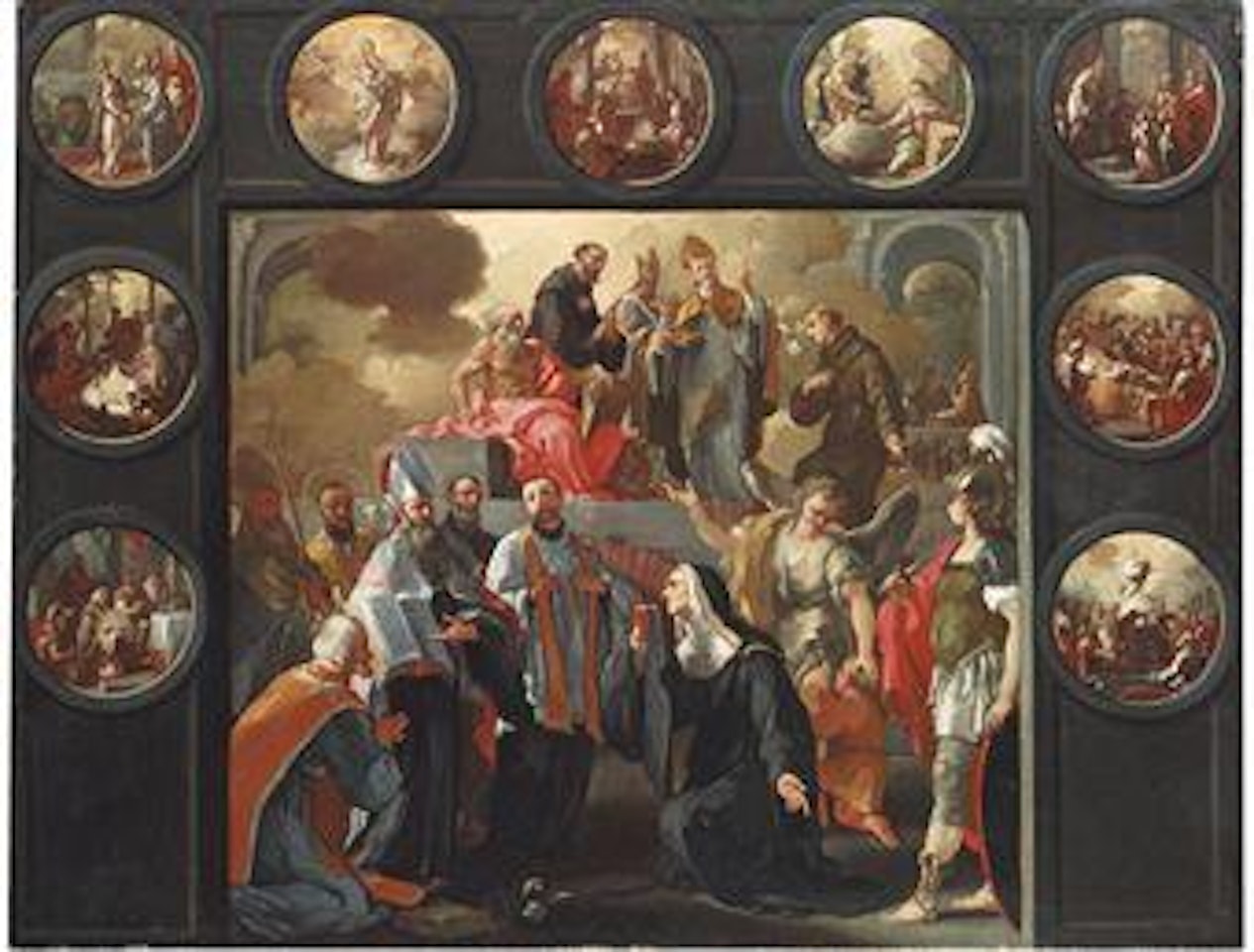 Sacra Conversazione between the Patron Saints of Naples, with other Saints, Tobias and the Angel and Episodes from the Life of the Virgin - a modello by Francesco Solimena