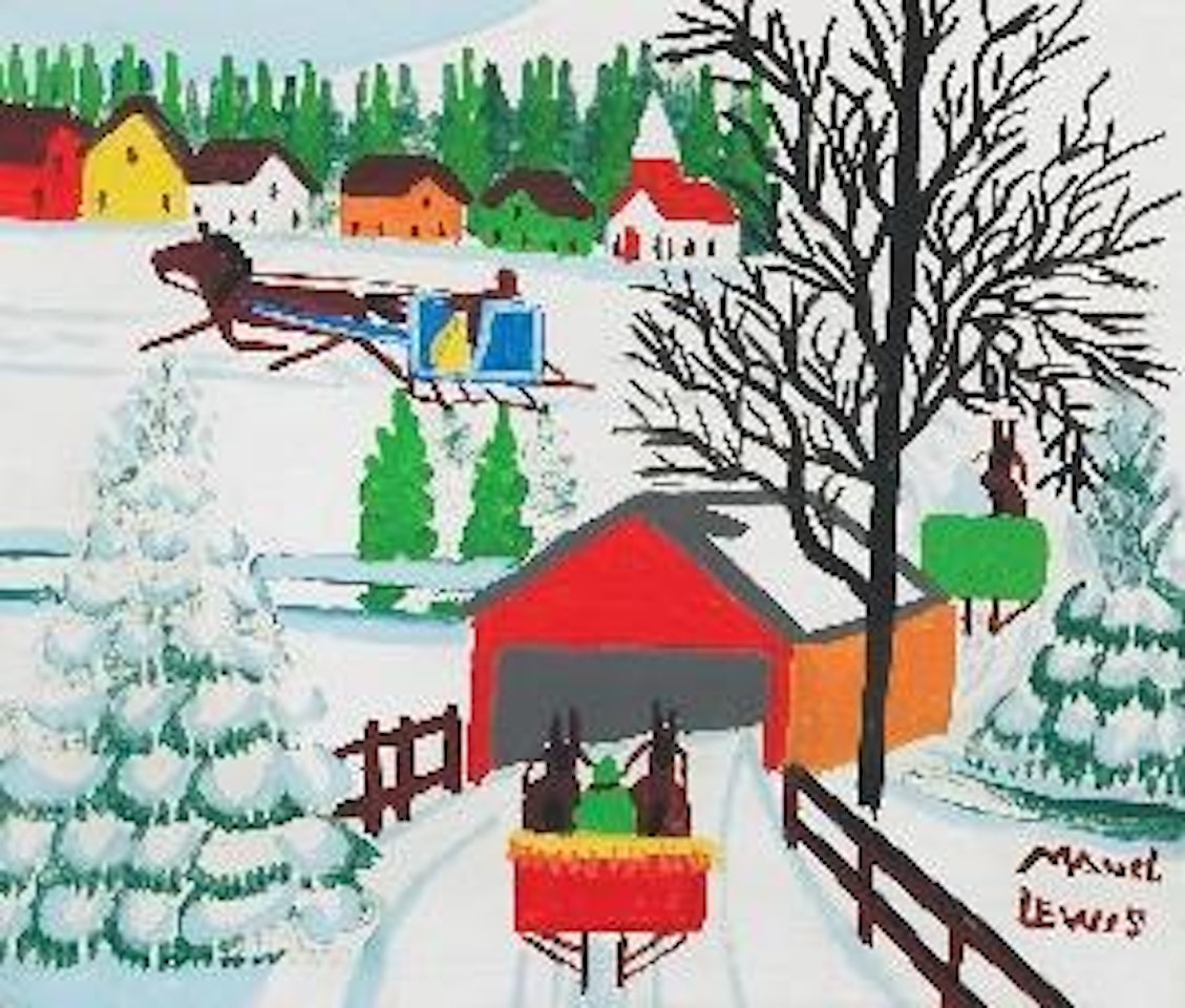 Covered bridge and village in winter by Maud Lewis