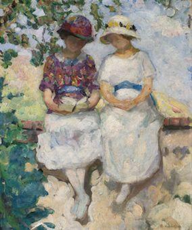 Vézillon, deux jeunes filles assises sur un mur by Henri Lebasque