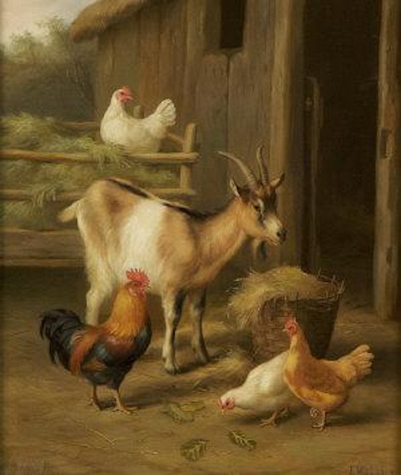 A goat and chickens outside a barn by Edgar Hunt