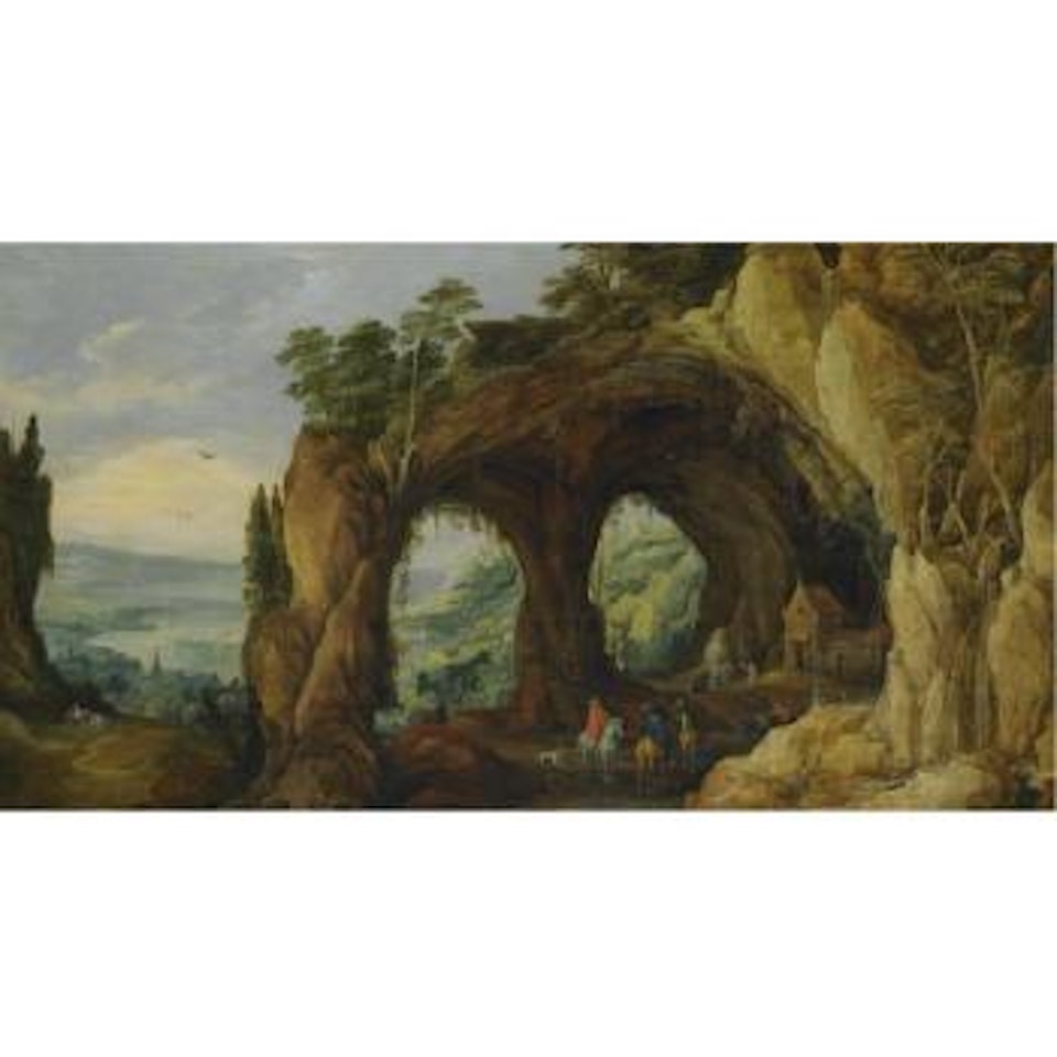 An Extensive River Landscape With Horsemen Before A Rocky Arch In The Foreground by Joos de Momper the Younger