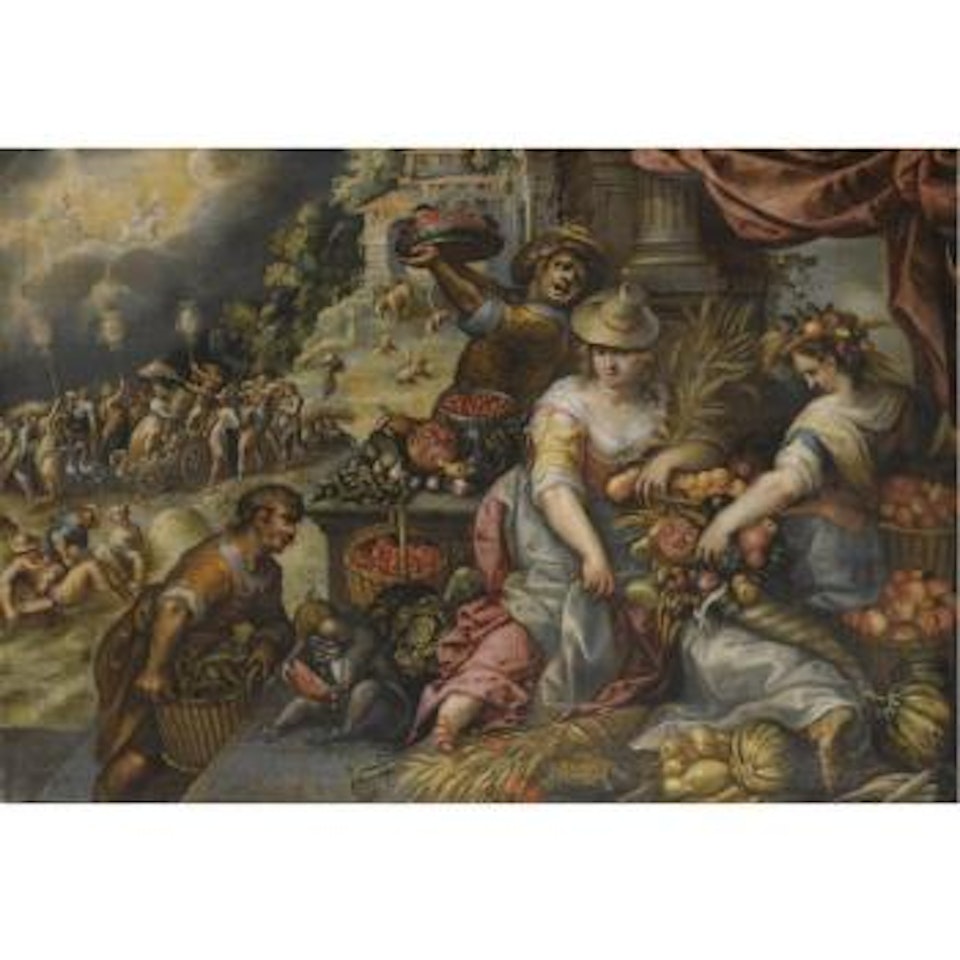 An Allegory Of Summer, With A Fruit A Vegetable Stall In The Foreground And A Procession With Ceres Beyond by Frederick van Valkenborch