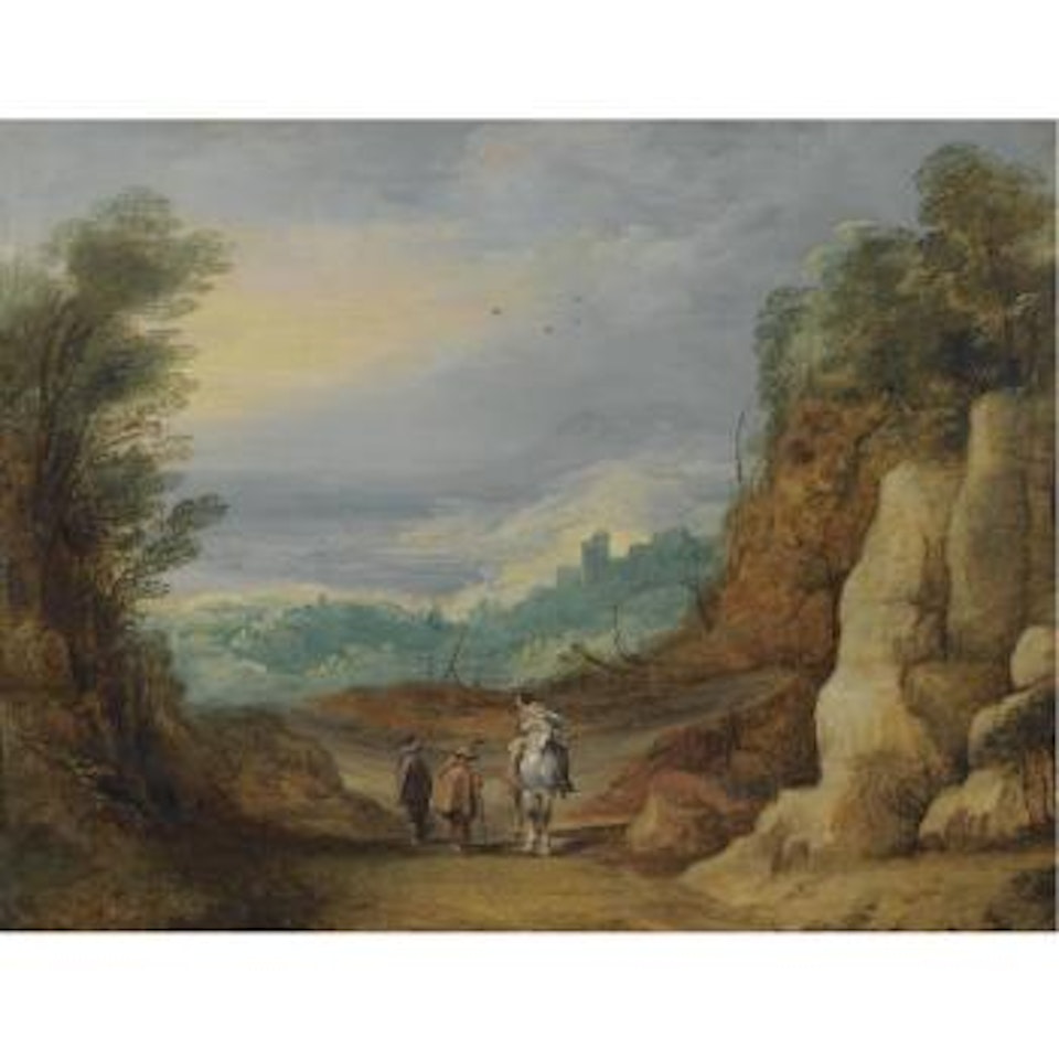 An Extensive Rocky Landscape With Two Monks And A Horseman In The Foreground by Joos de Momper the Younger