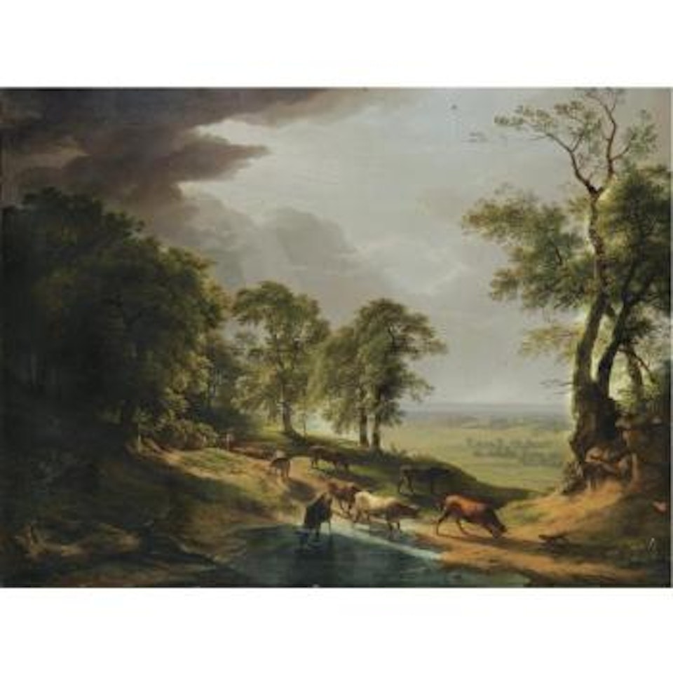 A Herd Of Cows Drinking From A Stream, An Extensive Landscape In The Valley Beyond by Hendrik Voogd