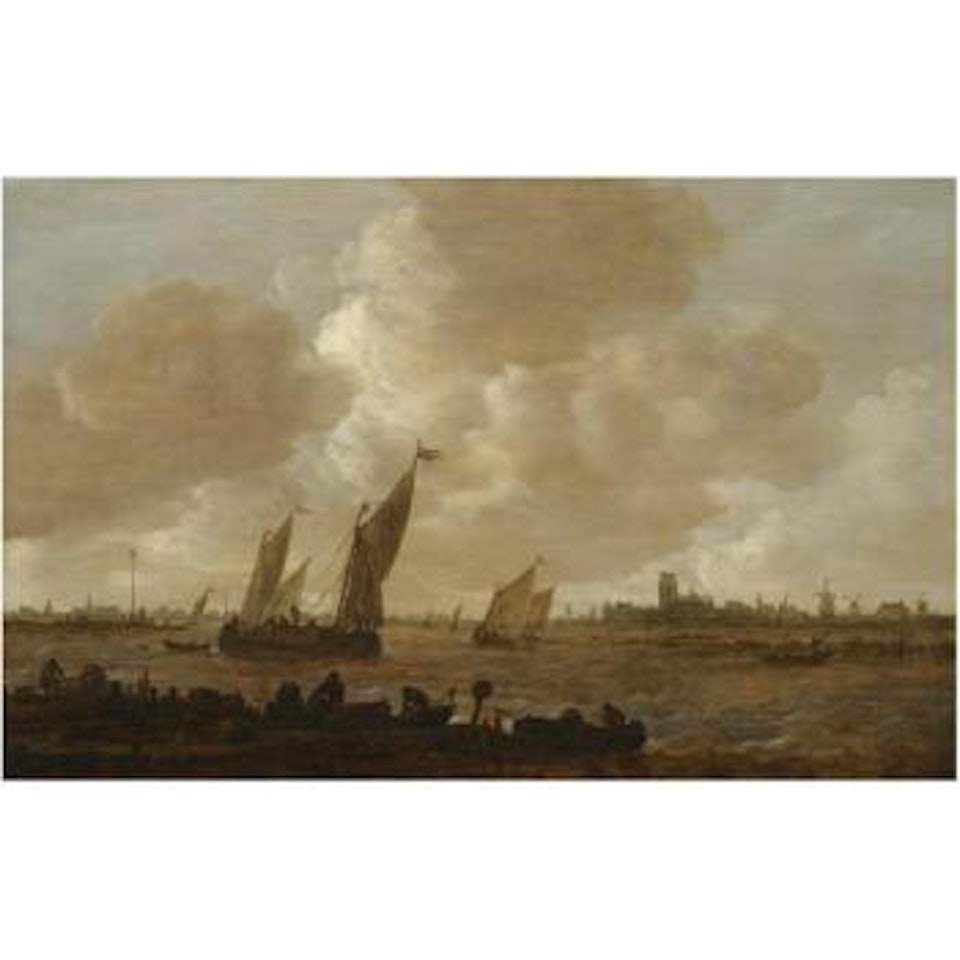 A Distant View Of Dordrecht, With Small Vessels Beating Against And Running Before The Wind, With Fishermen Unloading Fishtraps In The Foreground by Jan van Goyen