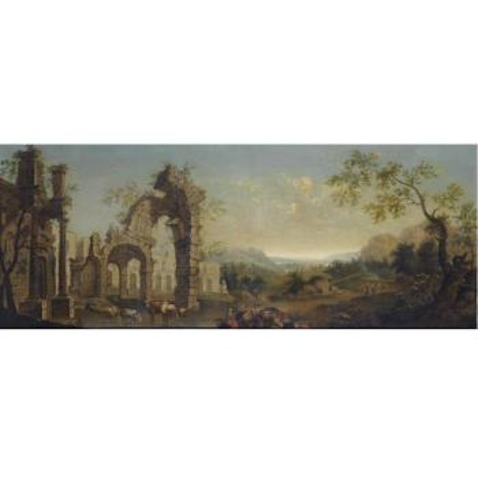 A Landscape With A Capriccio View Of Classical Ruins And Herders Resting With Their Flock by French School