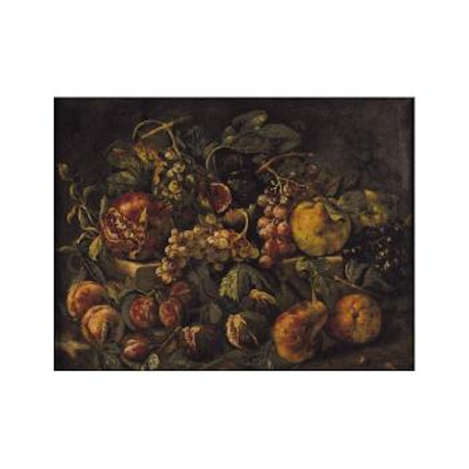 Nature Morte Aux Figues, Grenades, Coings, Raisins Et Prunes Sur Un Entablement De Pierre by Roman School