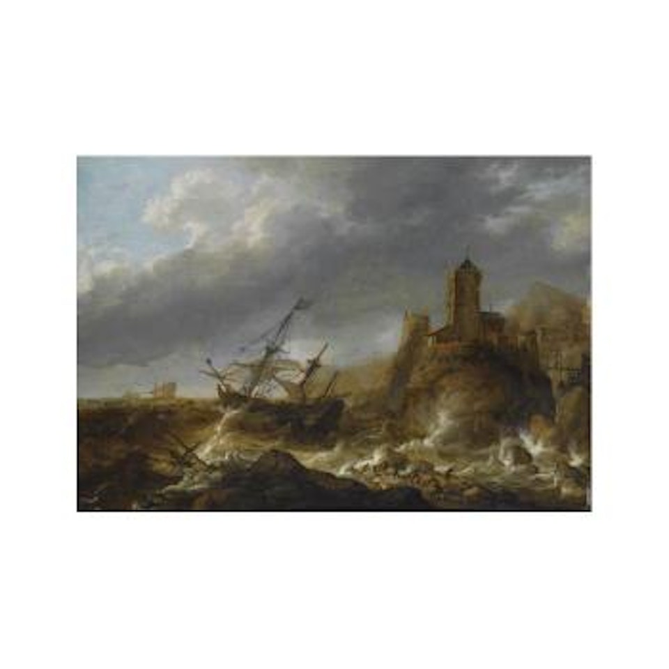 Tempête En Mer Près D'une Côte Rocheuse Surmontée D'une Ville Fortifiée by Jan Abrahamsz. Beerstraten
