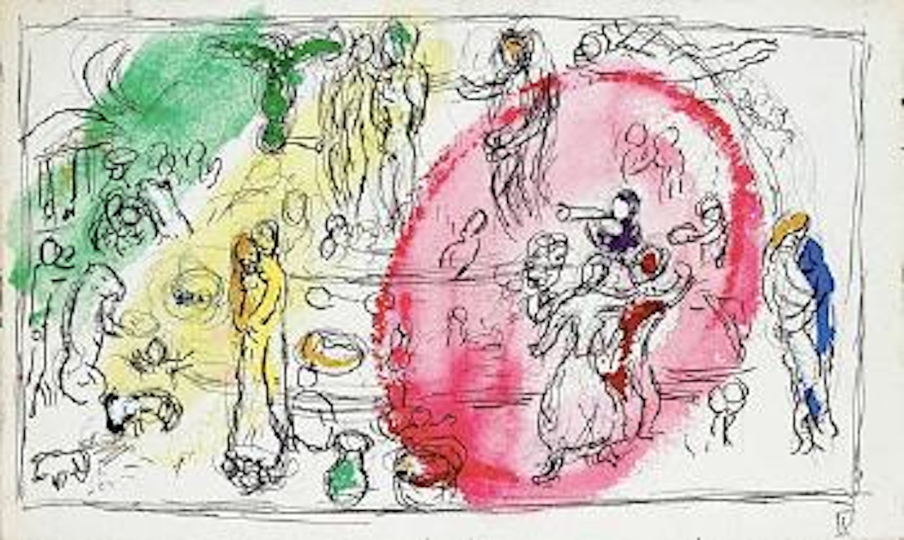 Esquisse preparatoire pour la lithographie M.348 Festin nuptial dans la grotte des nymphes (de Daphnis et Chloe Paris teriade ed.1961) by Marc Chagall