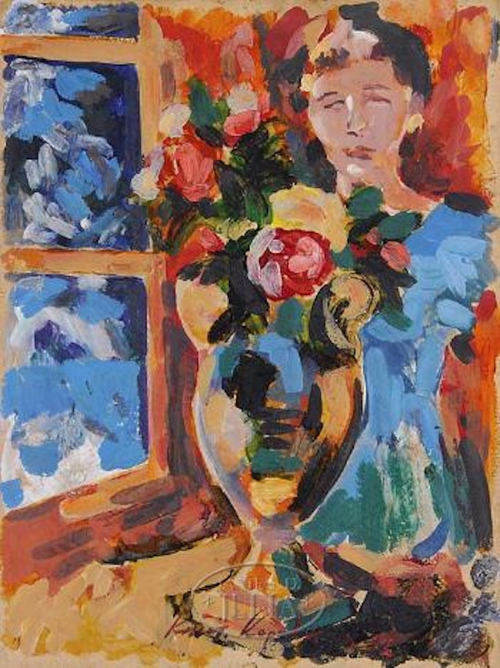 Woman with vase of flowers by the window by Konstantin Alekseevich Korovin