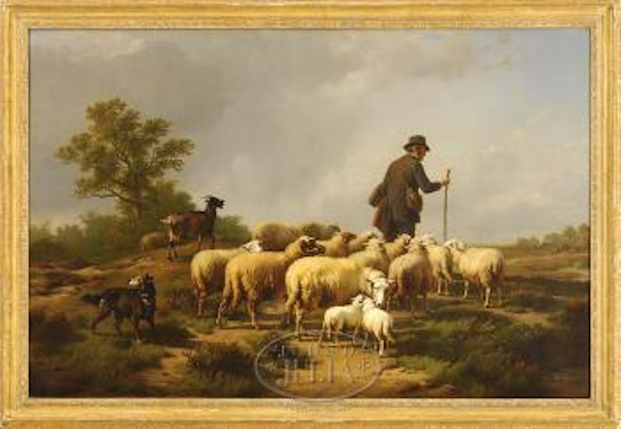 Shepherd with sheep, ram & dog by Eugène Joseph Verboeckhoven