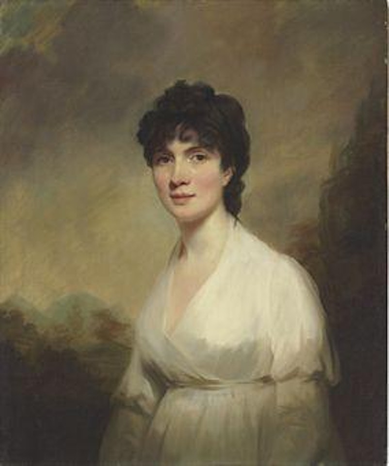 Portrait of a lady, identified as Mrs Walter Learmouth (1772-1832), half-length, in a white dress, a landscape beyond by Henry Raeburn