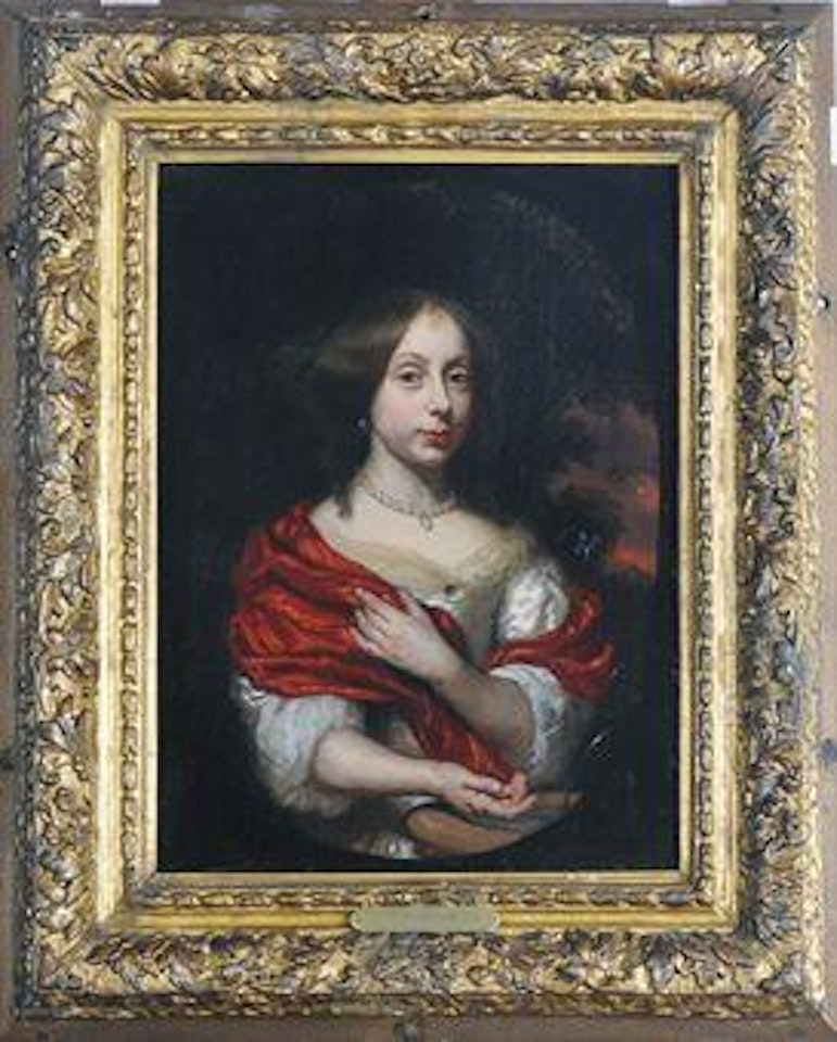 Portrait of a lady, half length, in a painted oval by Nicolaes Maes