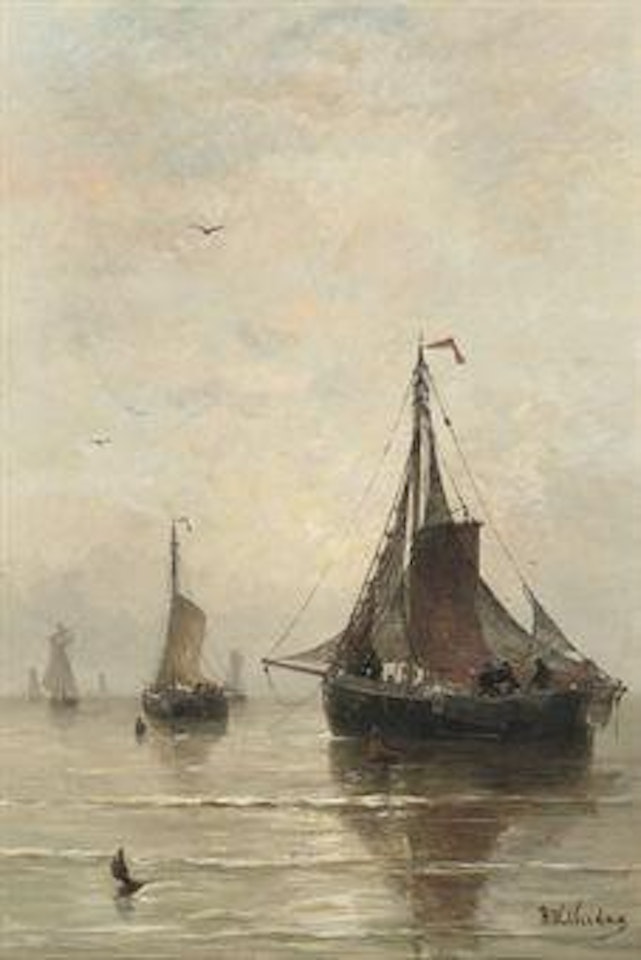 Bomschuiten on a calm sea by Hendrik-Willem Mesdag
