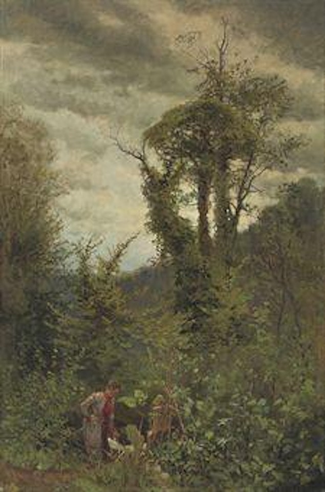 An artist at her easel in a wooded landscape by Konstantin Makovsky