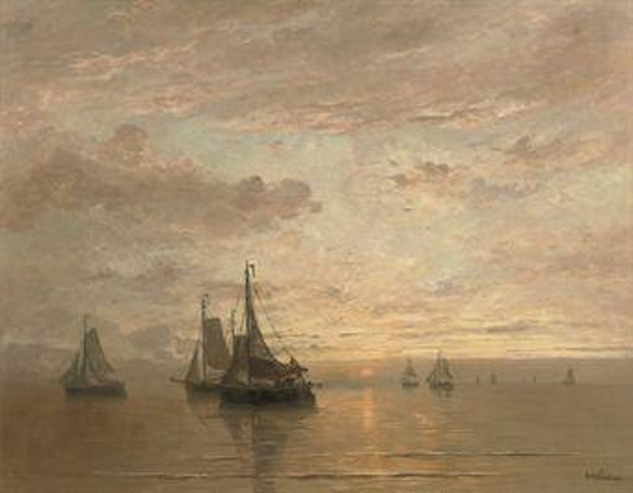 Ondergaande zon: on a calm at sunset by Hendrik-Willem Mesdag