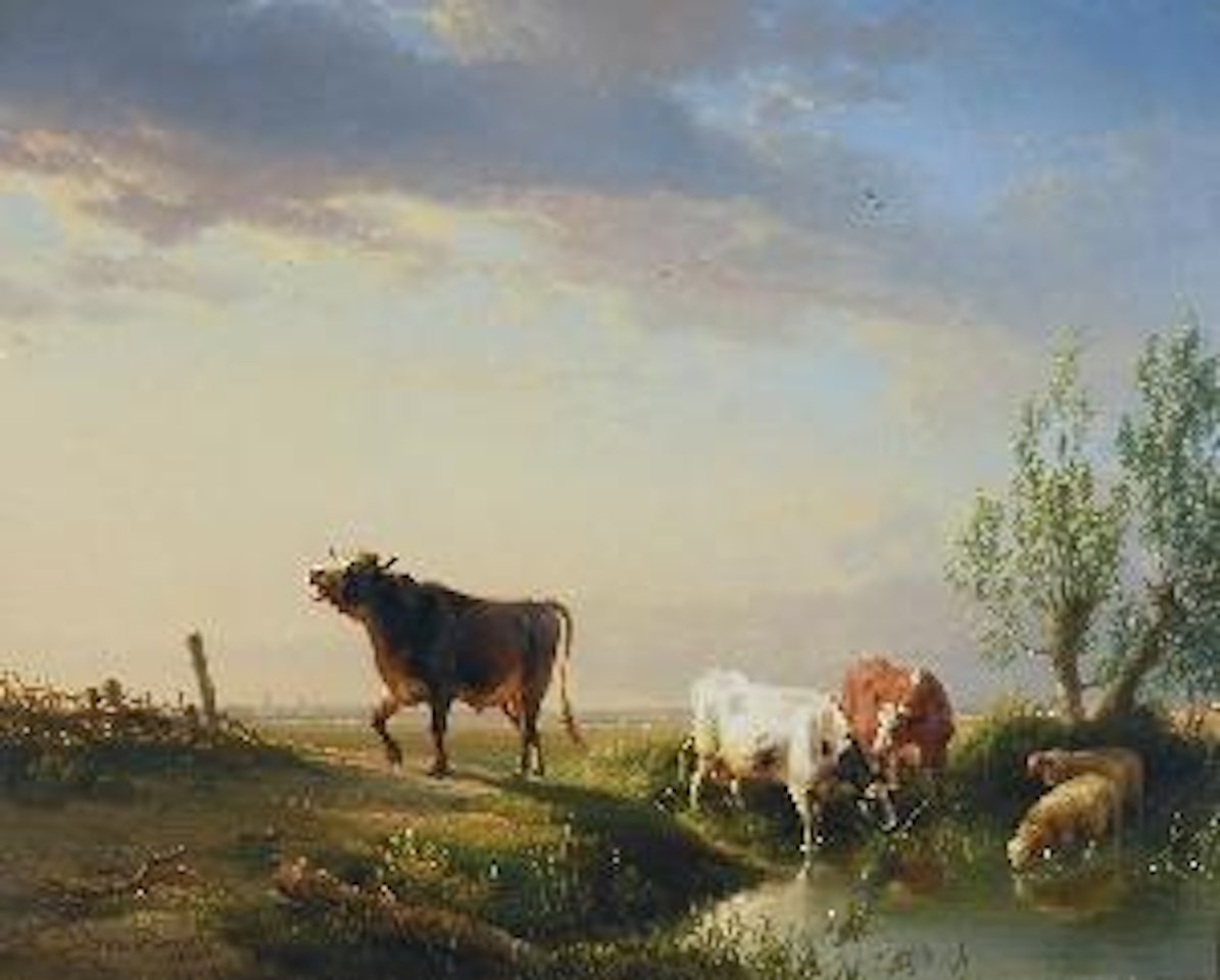 Stier, koeien en schapen in een landschap by Eugène Joseph Verboeckhoven