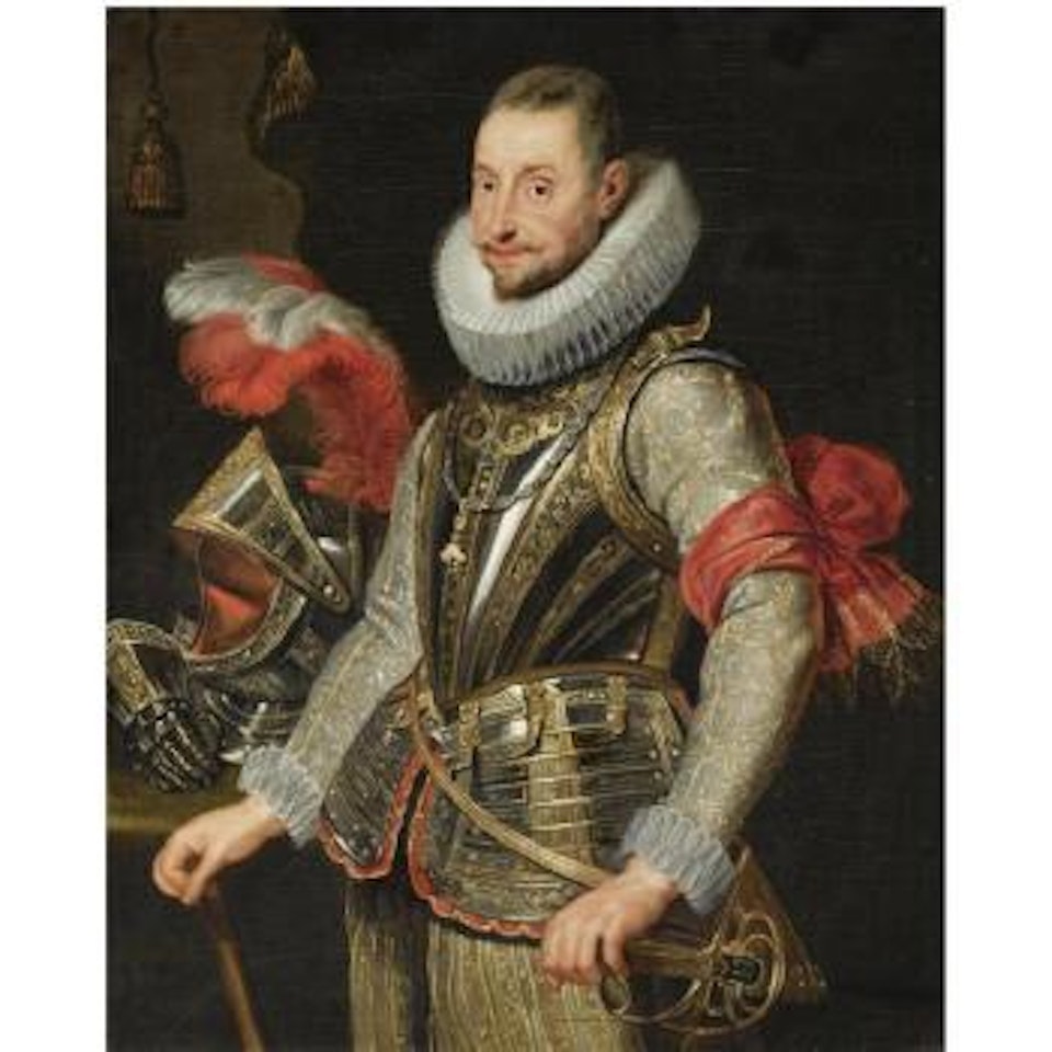 Portrait Of General Ambrogio Spinola (1569-1630), Standing Half-length, Wearing A Gold Embroidered Doublet, With A Breastplate And The Order Of The Golden Fleece, Next To A Helmet by Peter Paul Rubens