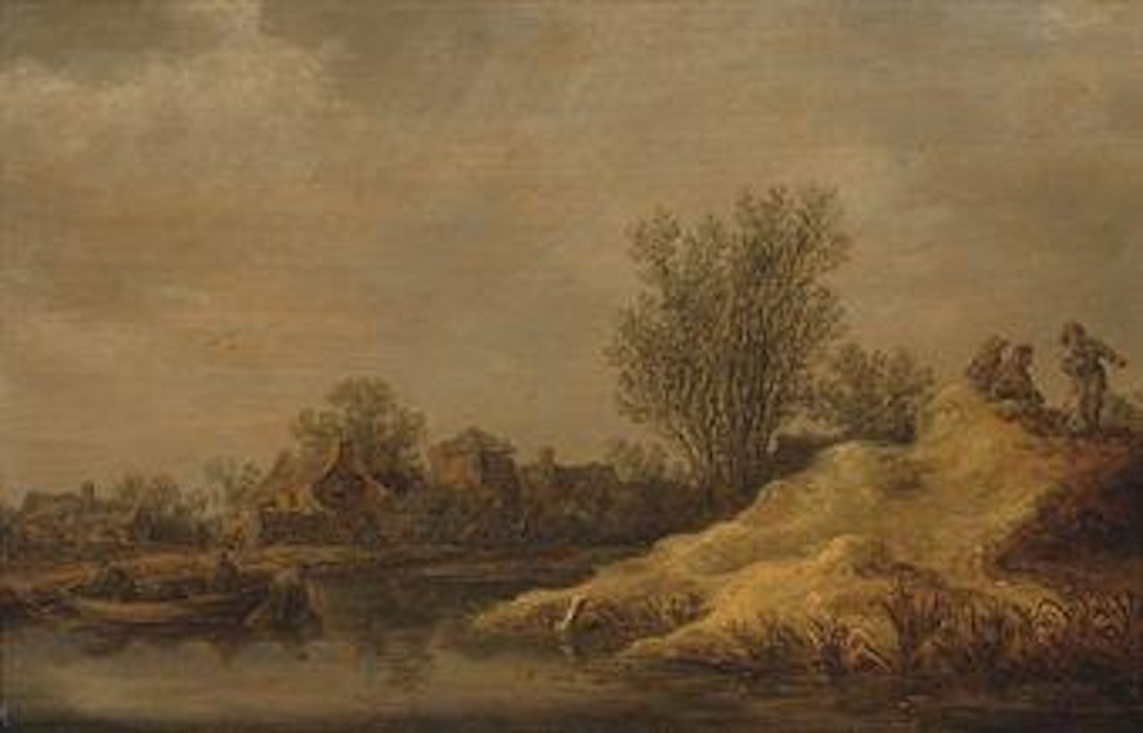 Paysans traversant un cours d'eau, un village à l'arrière-plan by Jan van Goyen