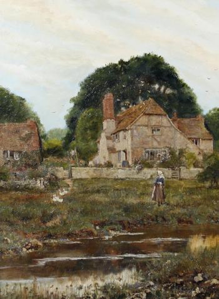 A woman and ducks before a cottage. Figures and ducks seated beside a stream by Edward Wilkins Waite