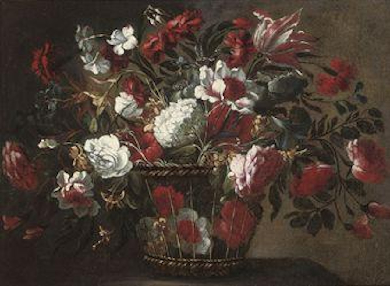 Tulips, roses, hydrangeas and other flowers in a wicker basket on a ledge by Juan de Arellano